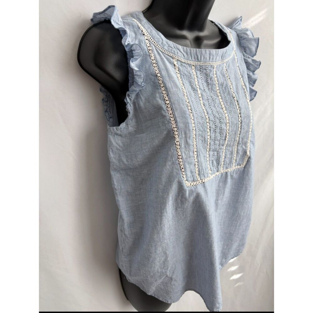 Loft Blue Ruffles Blouse Top Sze XS Cottagecore Vintage Retro Peasant Sleeveless - Picture 3 of 10